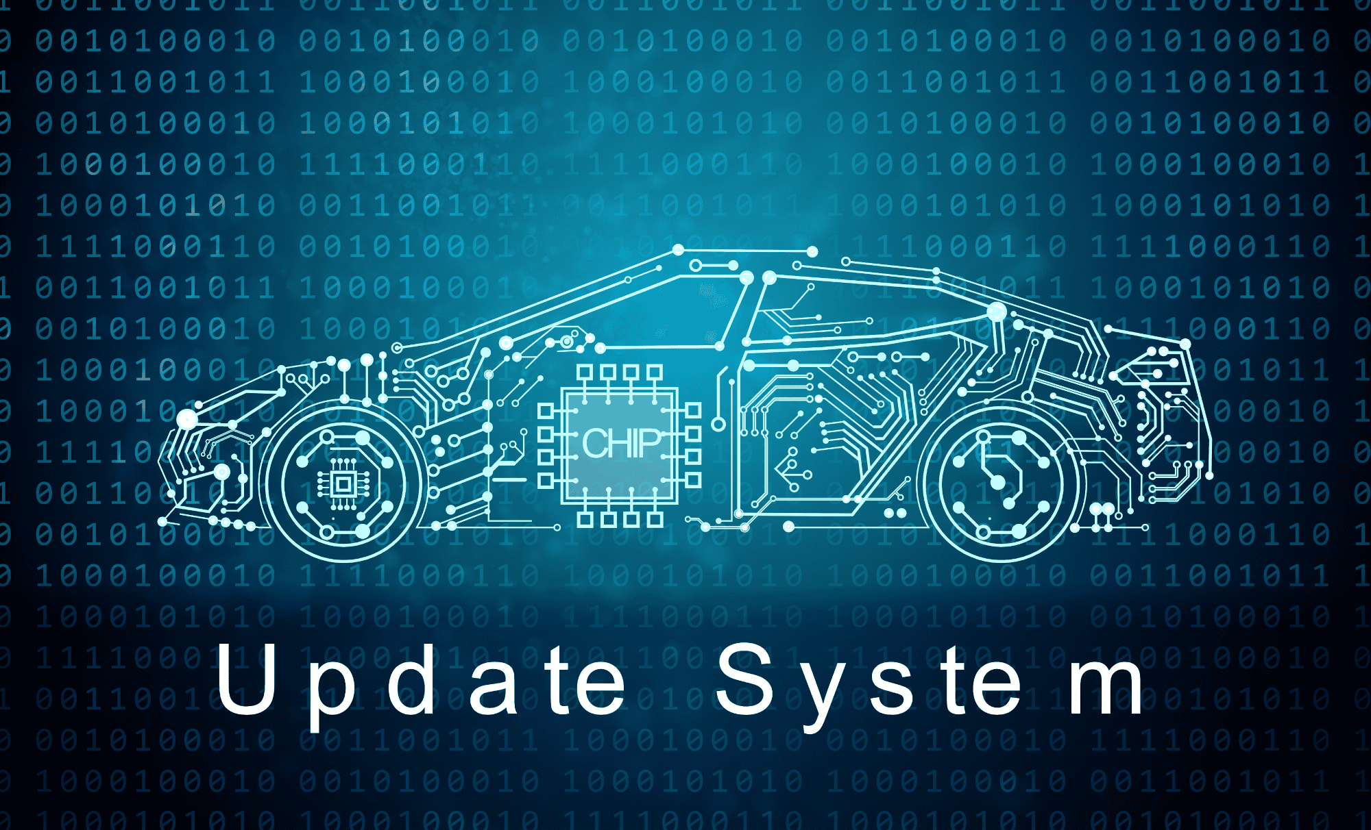 Darstellung eines Automobils als Mikrochip mit der Unterschrift Update System