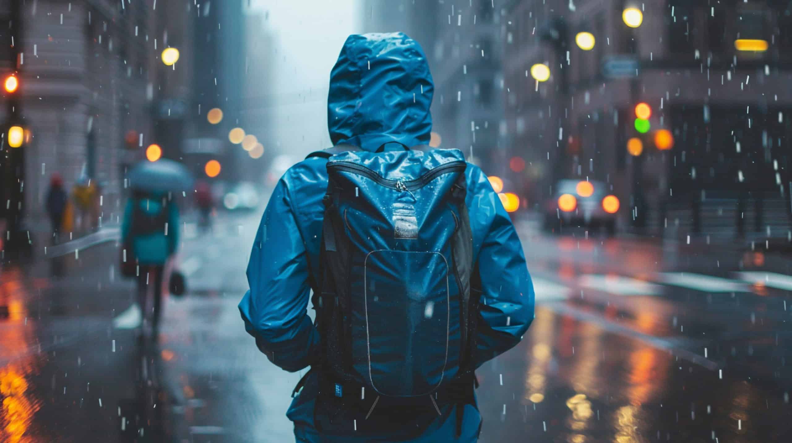 Person mit Regenjacke und Rucksack läuft bei Regen durch die Stadt, Ansicht von hinten