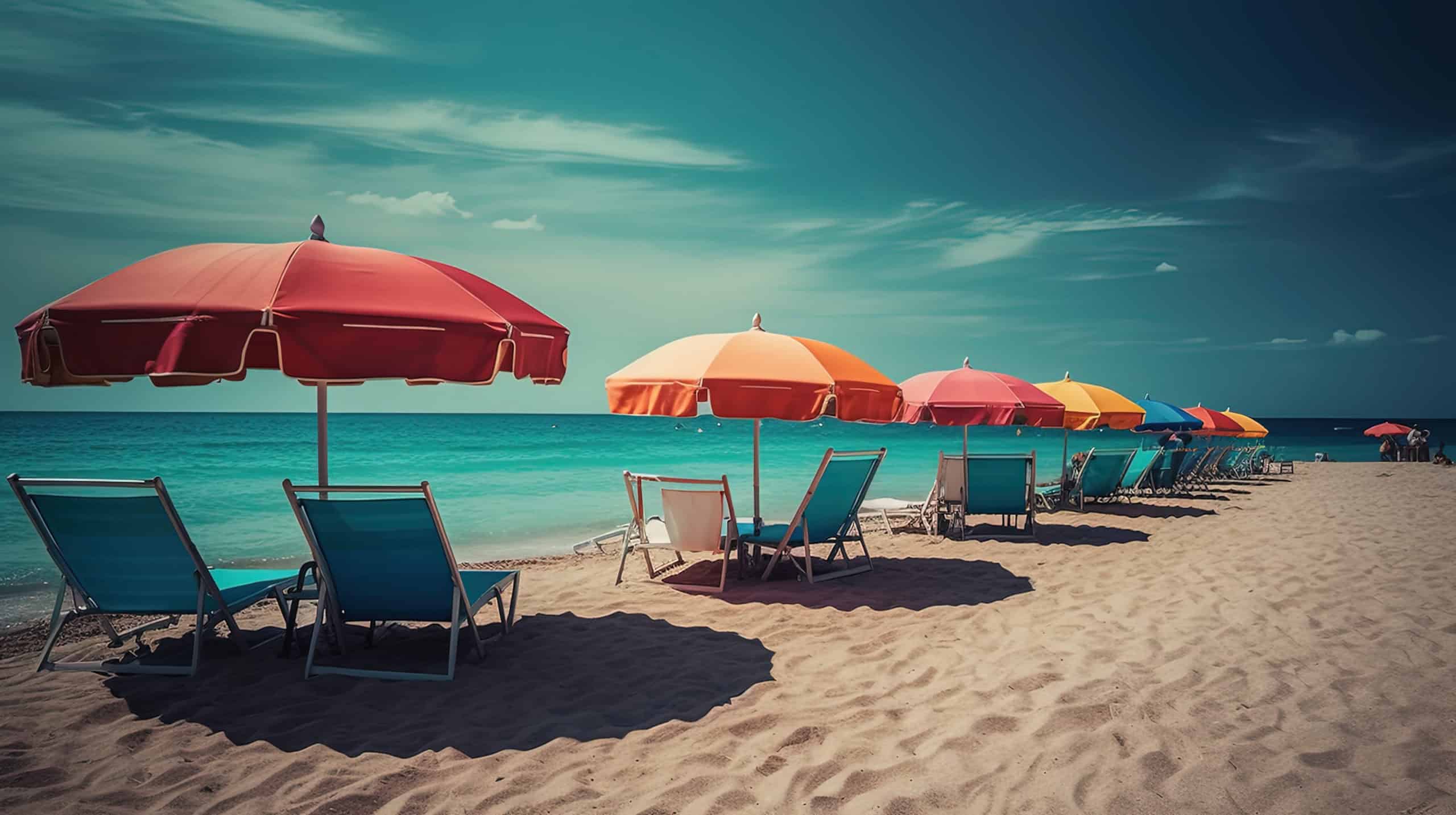 Mehrere Liegestühle stehen paarweise am Strand und werden jeweils von einem Sonnenschirm beschattet. Der Himmel ist blau.