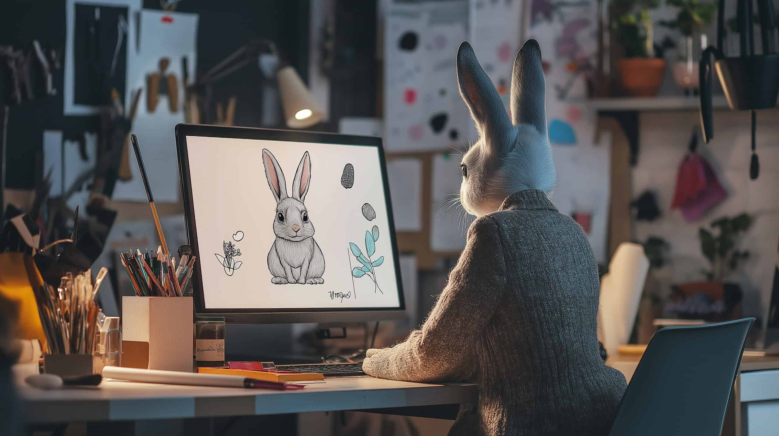 Animierter Hase mit Blazer sitzt am Schreibtisch vor einem Computer und arbeitet mit einem Grafikprogramm. Hier erstellt der Hase gerade einen Cartoon-Hasen.