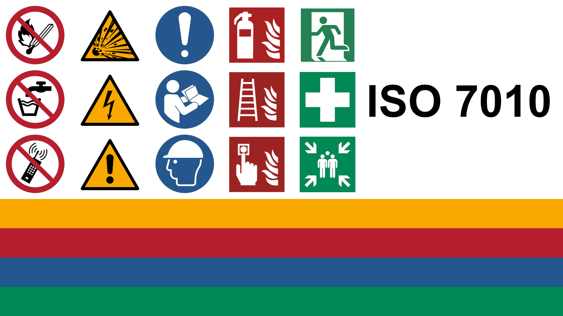 Eine Auswahl von Piktogrammen aus der ISO 7010 zur Veranschaulichung der unterschiedlichen Einsatzgebiete der Farben grün, blau, rot und gelb.