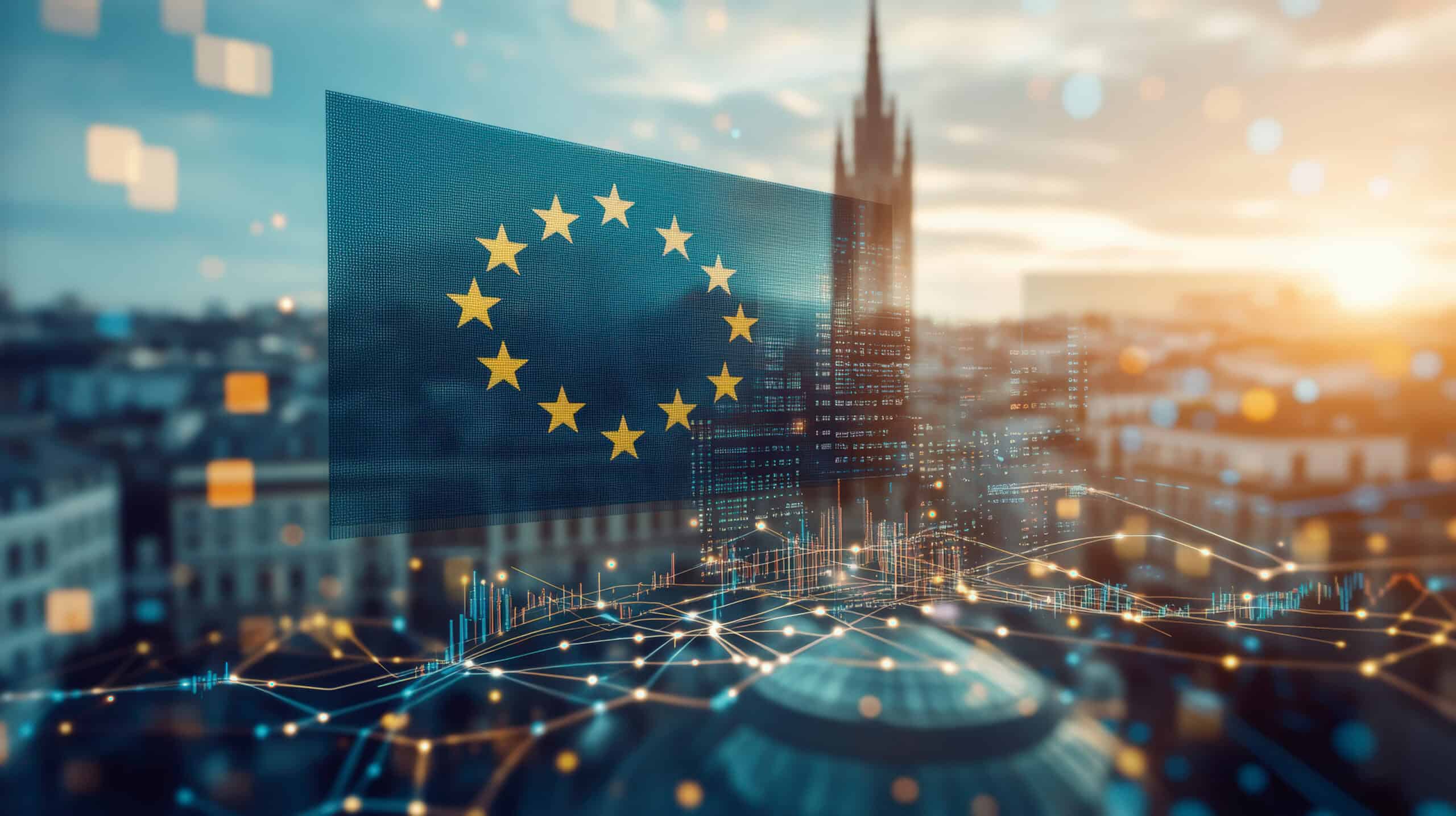 Die Europäische Fahne schwebt transparent vor einer Großstadt, darunter sieht man ein Netz aus miteinander verbundenen Punkten in gelb-gold.