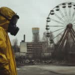 Person im linken Bildrand mit gelbem Schutzanzug und Gasmaske, im Hintergrund ein verwittertes Riesenrad, vermutlich eine Szene in Tschernobyl