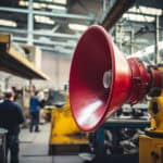 Industrielle Werkshalle mit 2 Mitarbeitenden im Hintergrund, im Vordergrund ein großes rotes Signalhorn