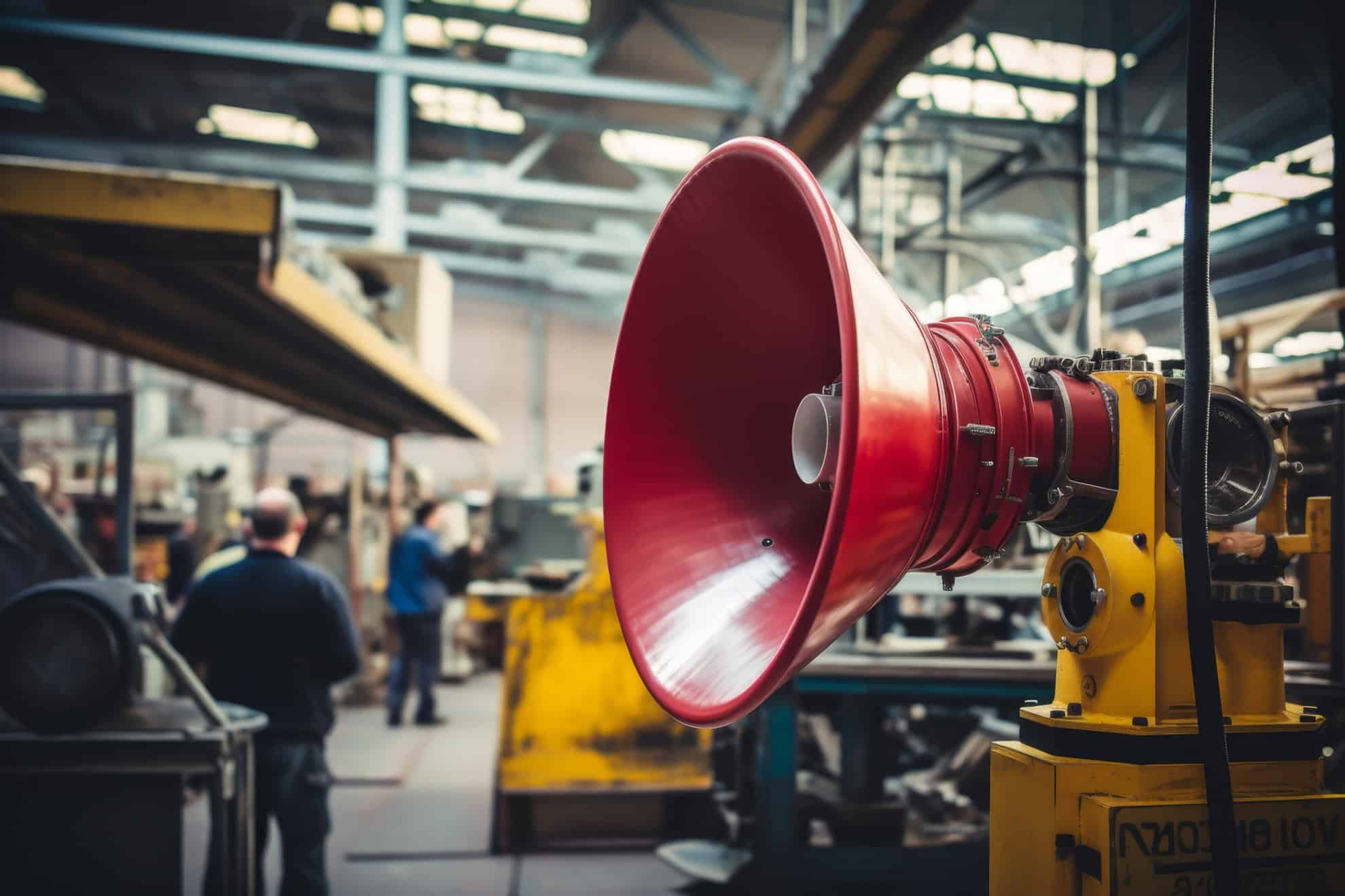 Industrielle Werkshalle mit 2 Mitarbeitenden im Hintergrund, im Vordergrund ein großes rotes Signalhorn