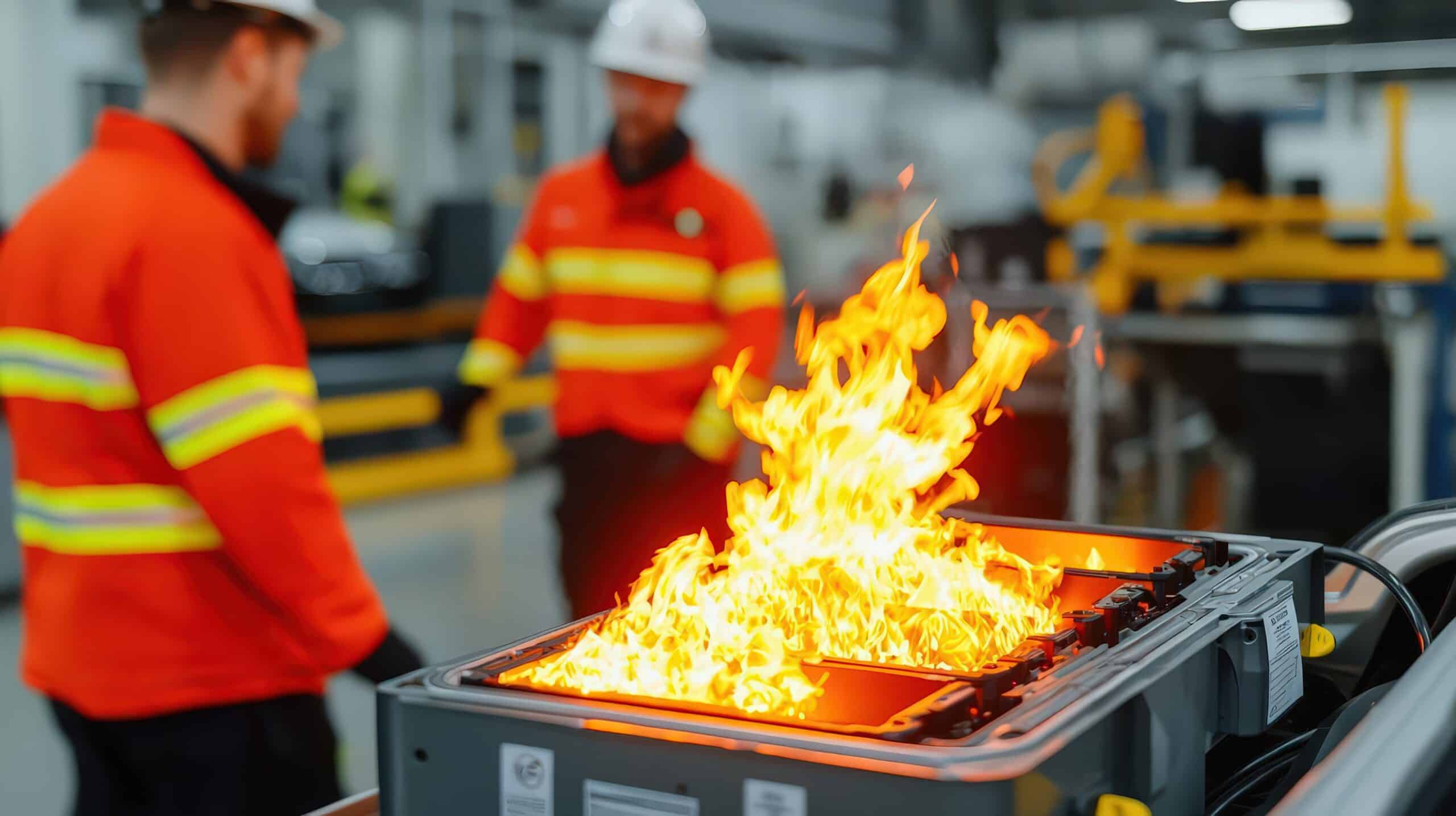 Industrielle Werkshalle mit 2 Mitarbeitenden im Hintergrund, im Vordergrund ein großes rotes Signalhorn