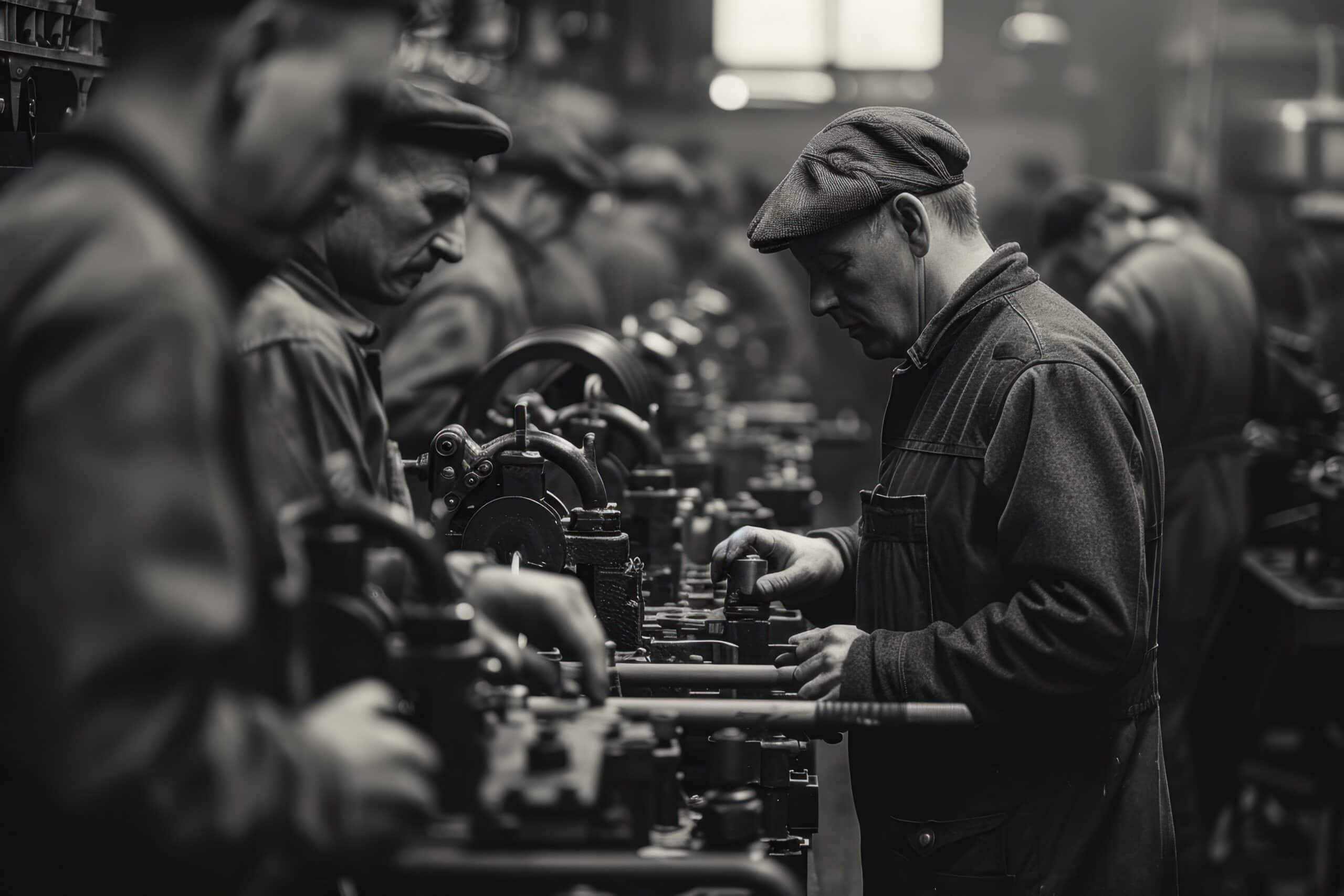 Mehrere Männer mit einfacher Baumwollkleidung und Kappen stehen in einer Reihe und arbeiten an Maschinen ohne Sicherheitshandschuhe, historische Darstellung vom Beginn der Industrialisierung.